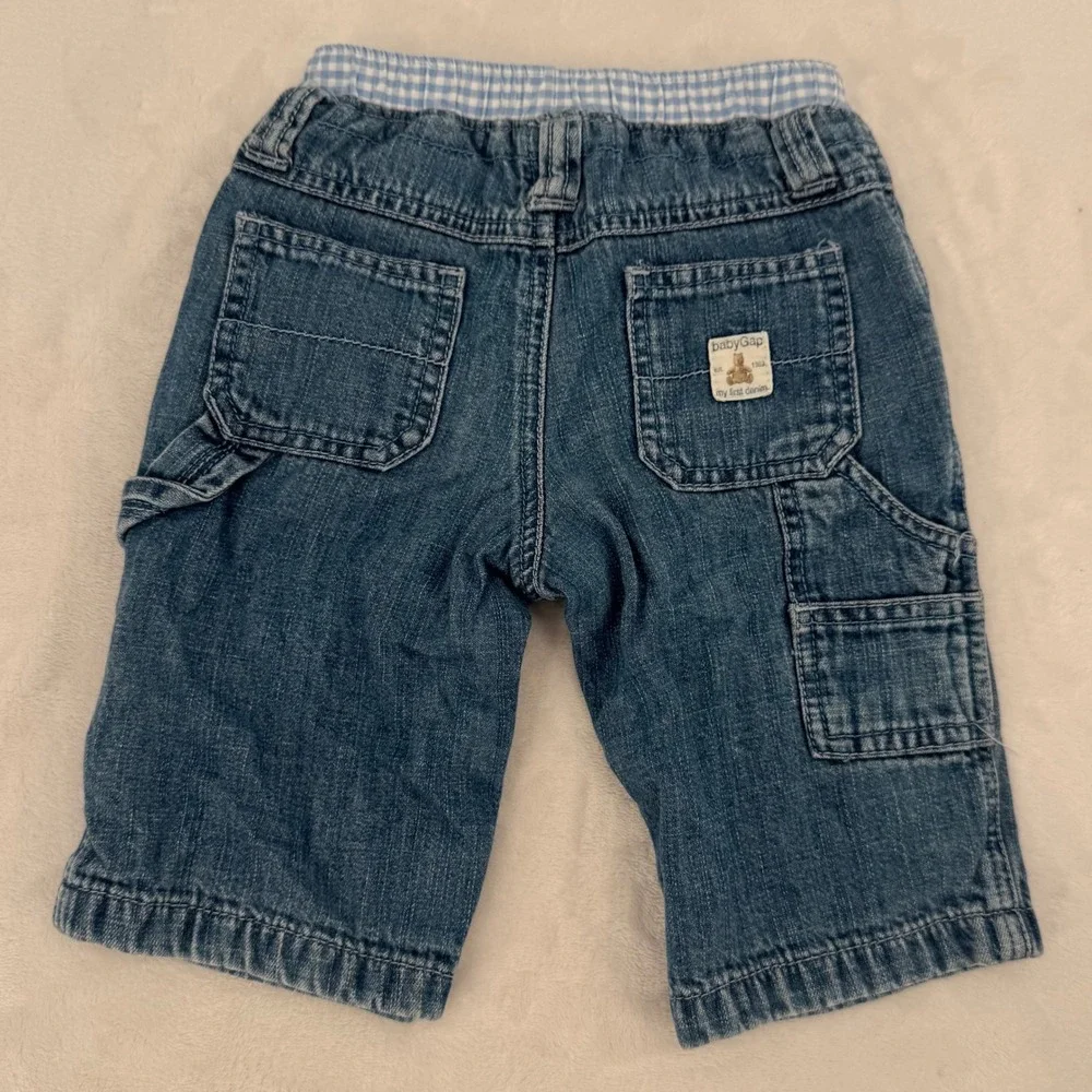 Baby Gap Denim Carpenter Pants Medium Wash Gingham Waist Size 6-12M Y2K 2000s